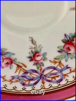 READ Spode Copeland Large Tea Cup Saucer Scrolled Handle Pink Roses Purple Bows