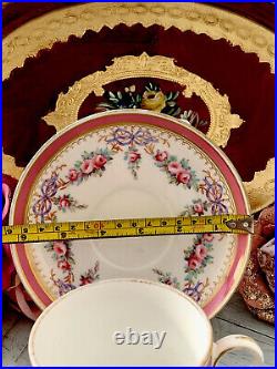 READ Spode Copeland Large Tea Cup Saucer Scrolled Handle Pink Roses Purple Bows